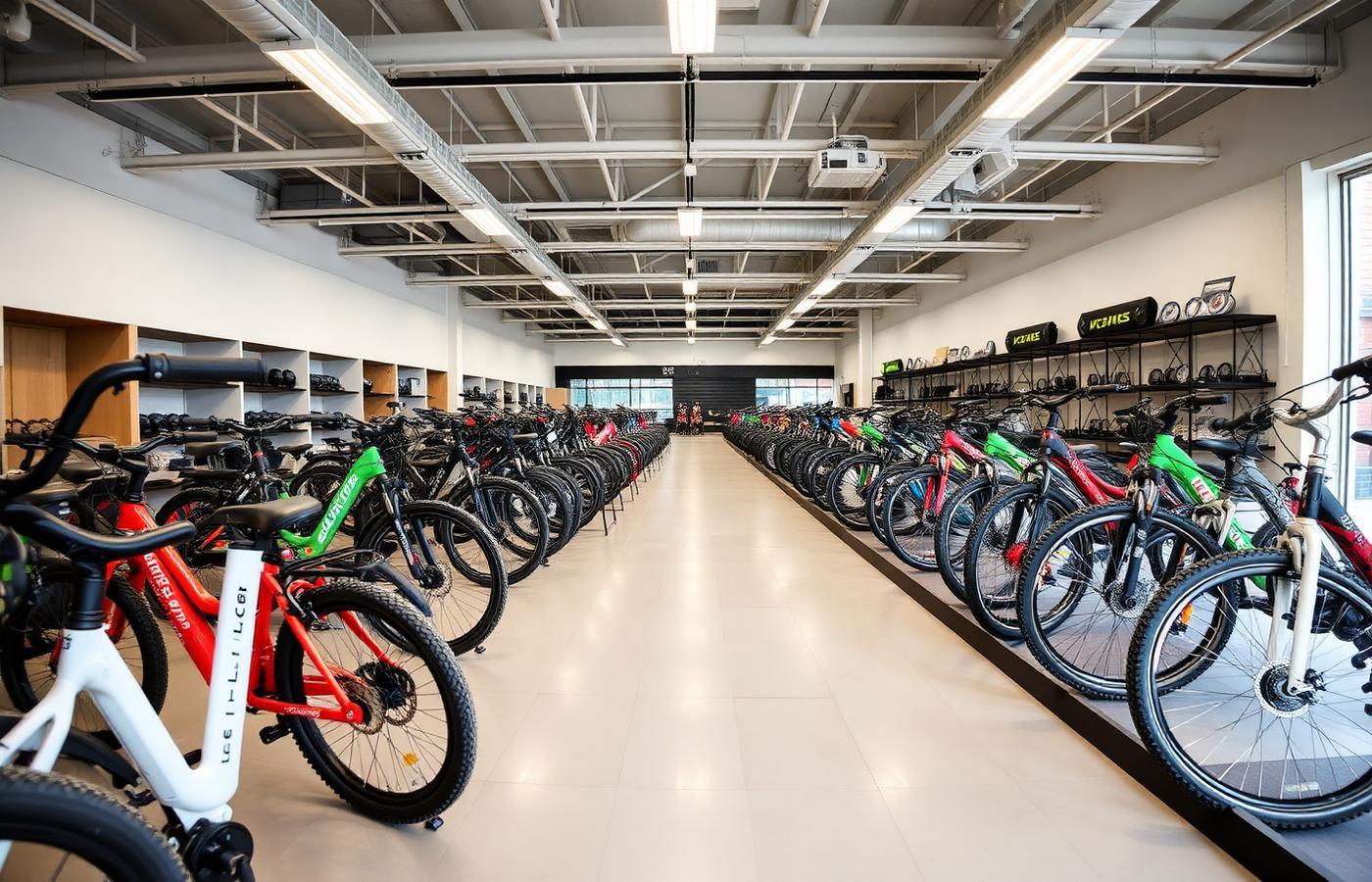 Electric bikes lined up in the showroom
